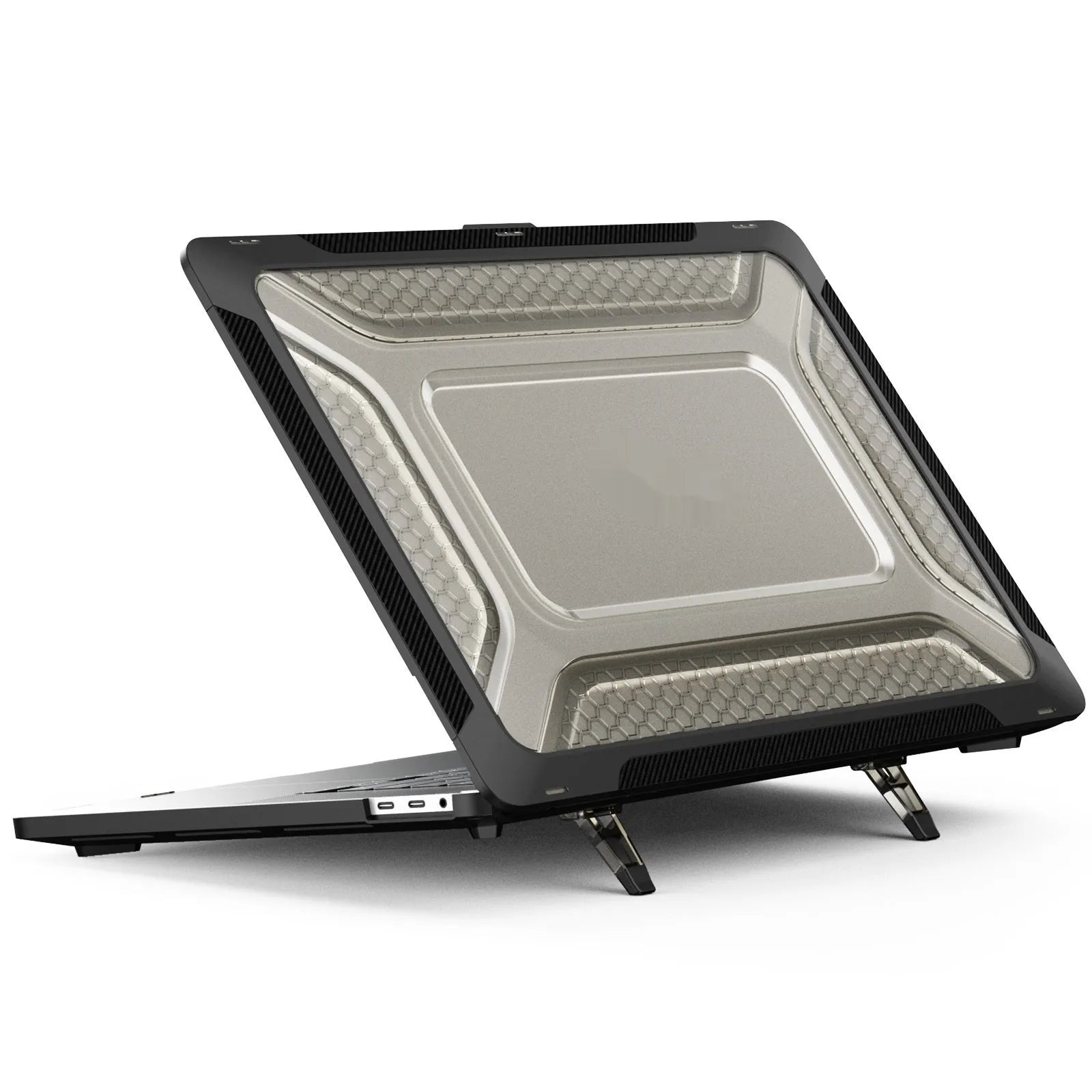 MacBook protective case in four colour options: cold black, grey, apricot, and blue.