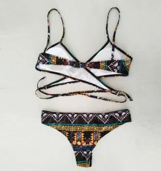 Women's ethnic print sexy bikini with cross straps and chest pads