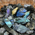 Natural labradorite polished slate ornament with iridescent colour play, hand-polished smooth finish