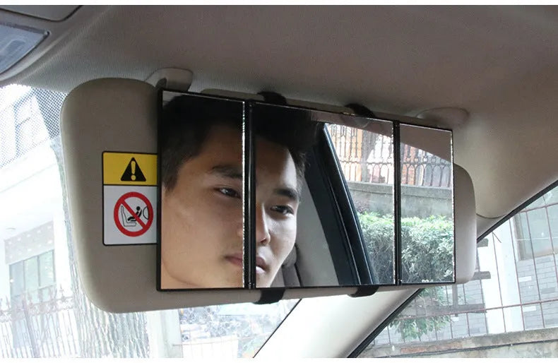 Silver car folding makeup mirror shown closed at 15.5cm and open at 30.5cm width.