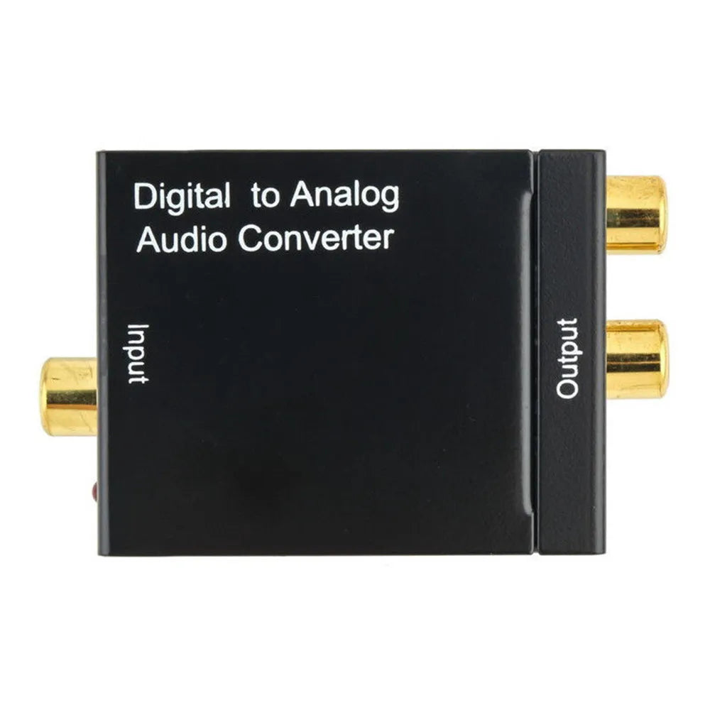 Black analog to digital audio converter with RCA-style jacks, coaxial input, 96 KHz support, EU and US models