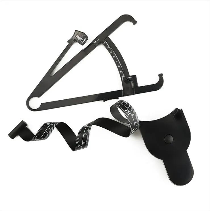 Black body fat caliper skin fold measuring instrument with two coiled measuring tapes on a grey background.