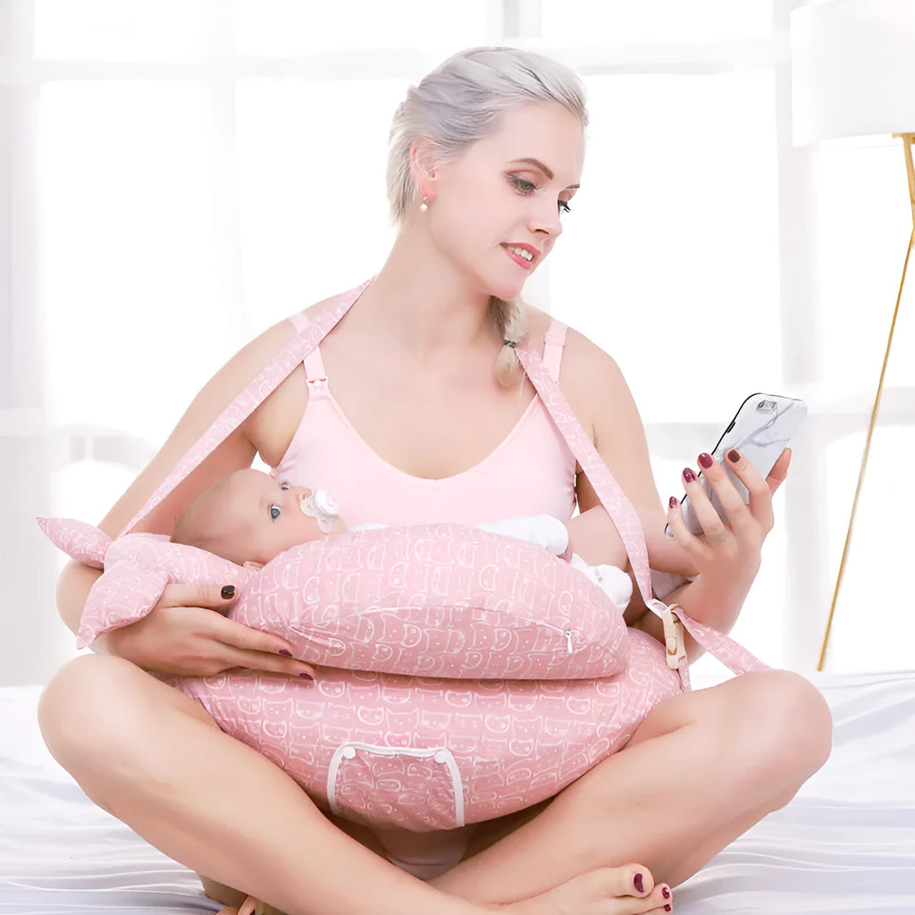 Multifunction nursing pillow with 100% cotton cover and removable washable design, shown in blue whale pattern.