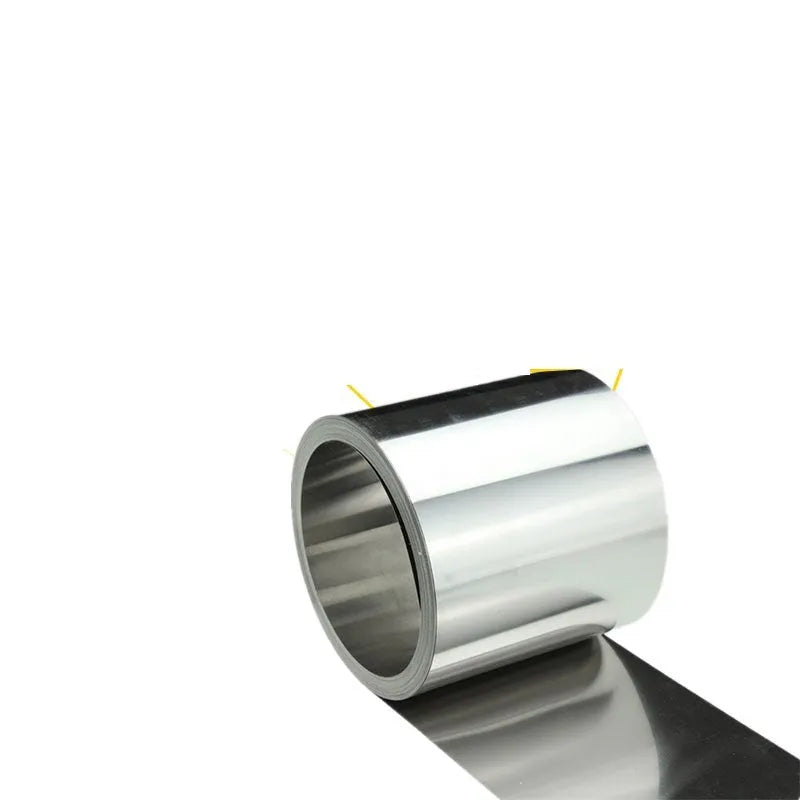 A one-metre strip of thin 304 stainless steel sheet with a brown leather backing.