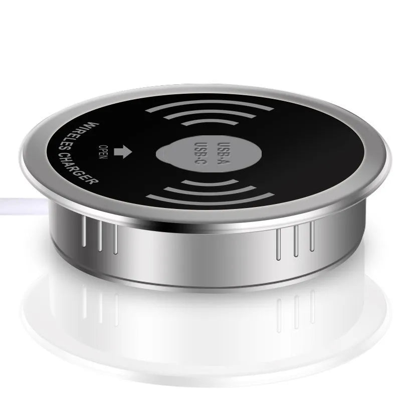 Black desktop embedded Qi wireless charger with 60mm inner diameter for desk hole installation