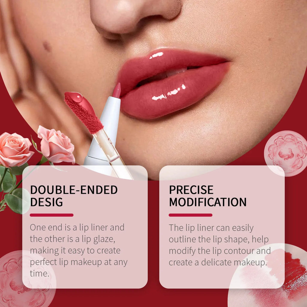 Double-headed lip liner and lip lacquer pen with brush applicator in three colour options