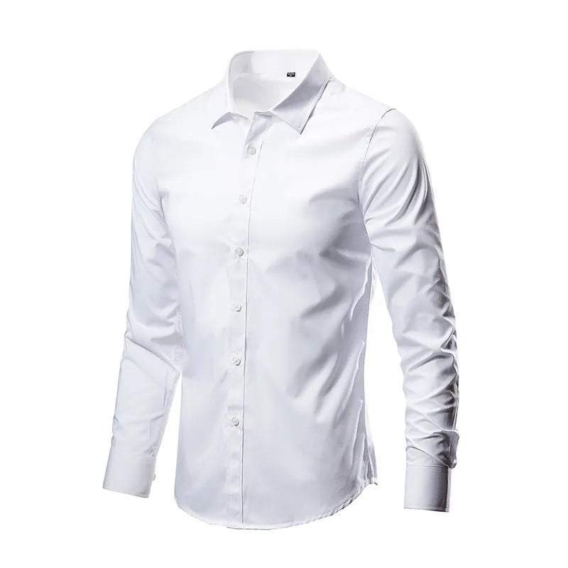 Man's loose fit linen long sleeve shirt in a slim, trendy style on a hanger.
