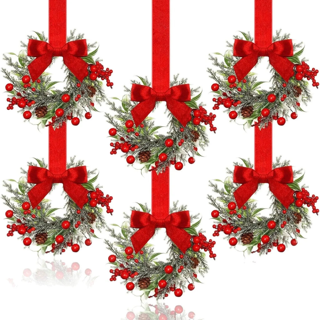 Handmade Christmas garland with bowknot ribbon and pinecone detailing in red, green, or camel colourway