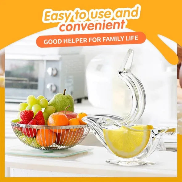 Transparent acrylic bird shaped manual lemon juicer with dimensions 12x3.5x5.1cm on a clean countertop