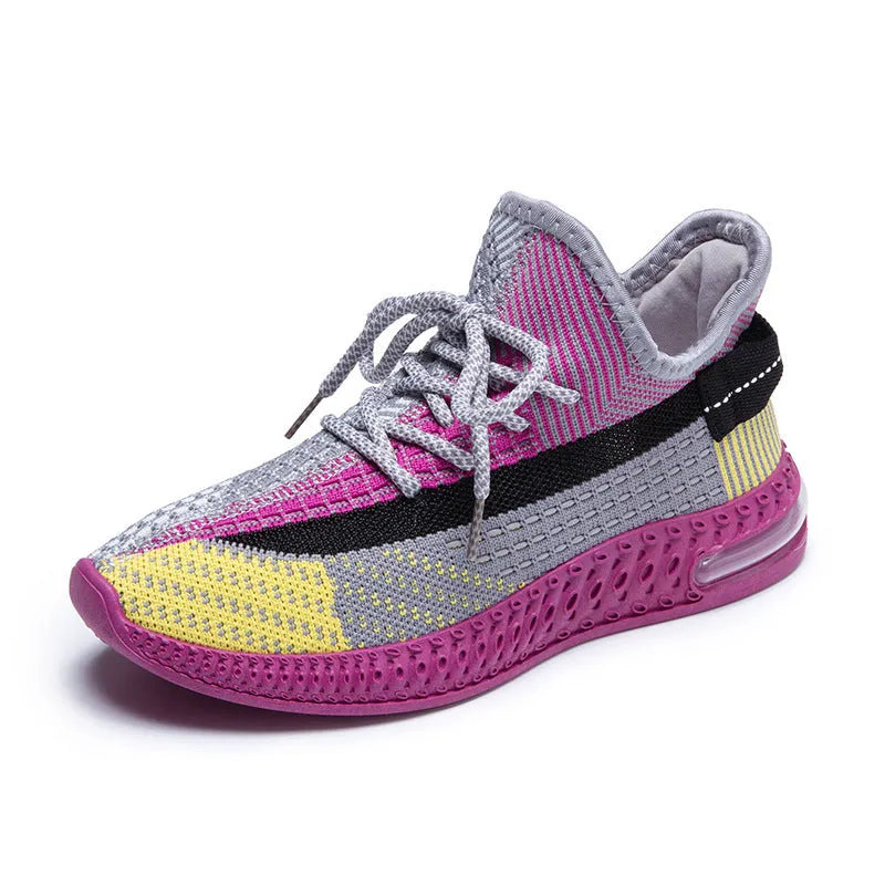 Women's casual running shoes in purple, black and orange colours with round toe and lace-up design