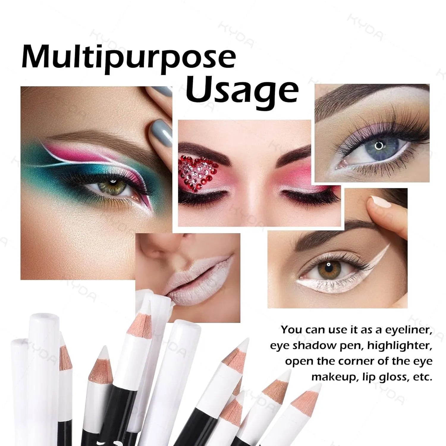 12-piece white and black waterproof eyeliner pencil set with retractable design and sharpener