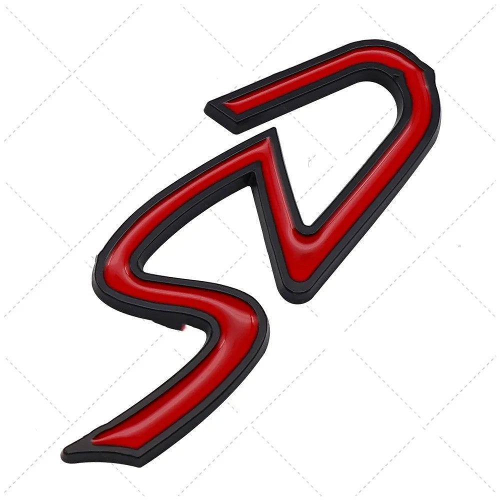 Metal car bumper sticker with SD design in red and silver colour scheme measuring 7.7 by 2.9 centimetres