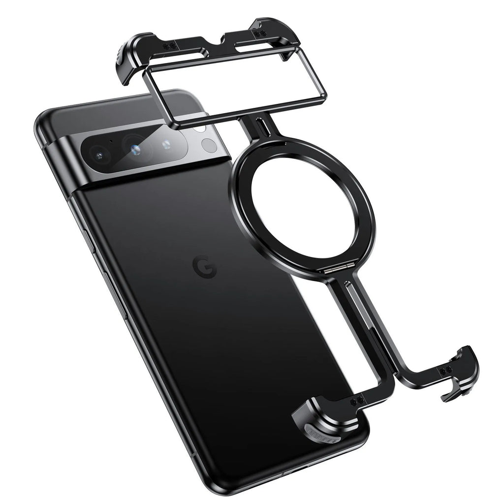 Black aluminium alloy phone case with metal magnetic bracket for Google Pixel9 Pro Fold, rotatable stand, hollow design