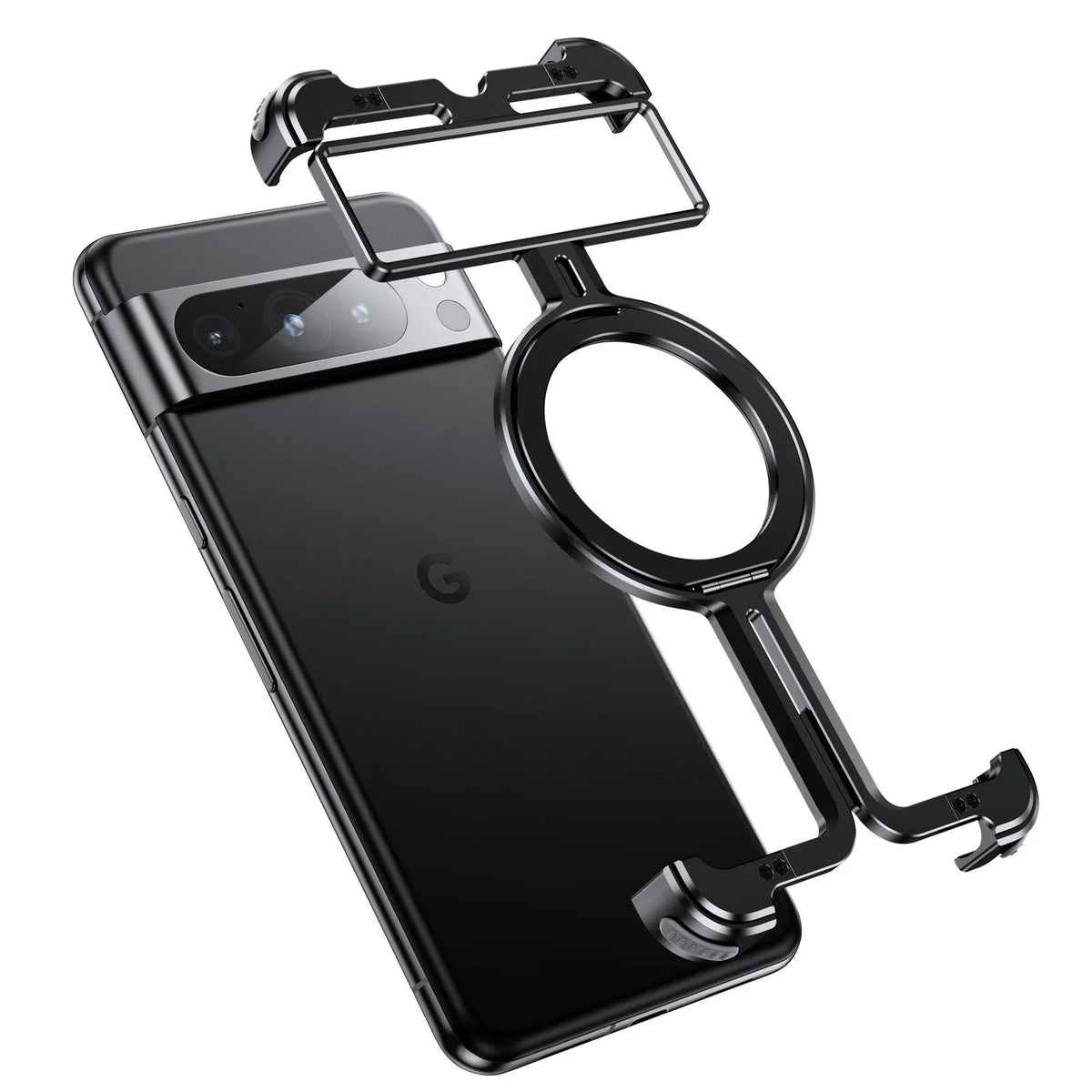 Black aluminium alloy phone case with metal magnetic bracket for Google Pixel9 Pro Fold, rotatable stand, hollow design
