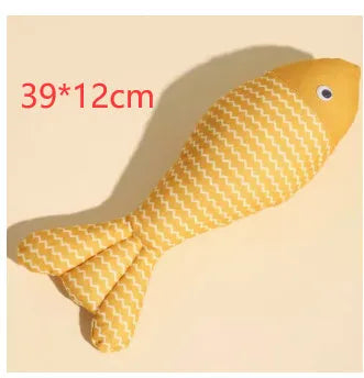 Large yellow catnip fish toy measuring 39cm long for feline play and teeth grinding