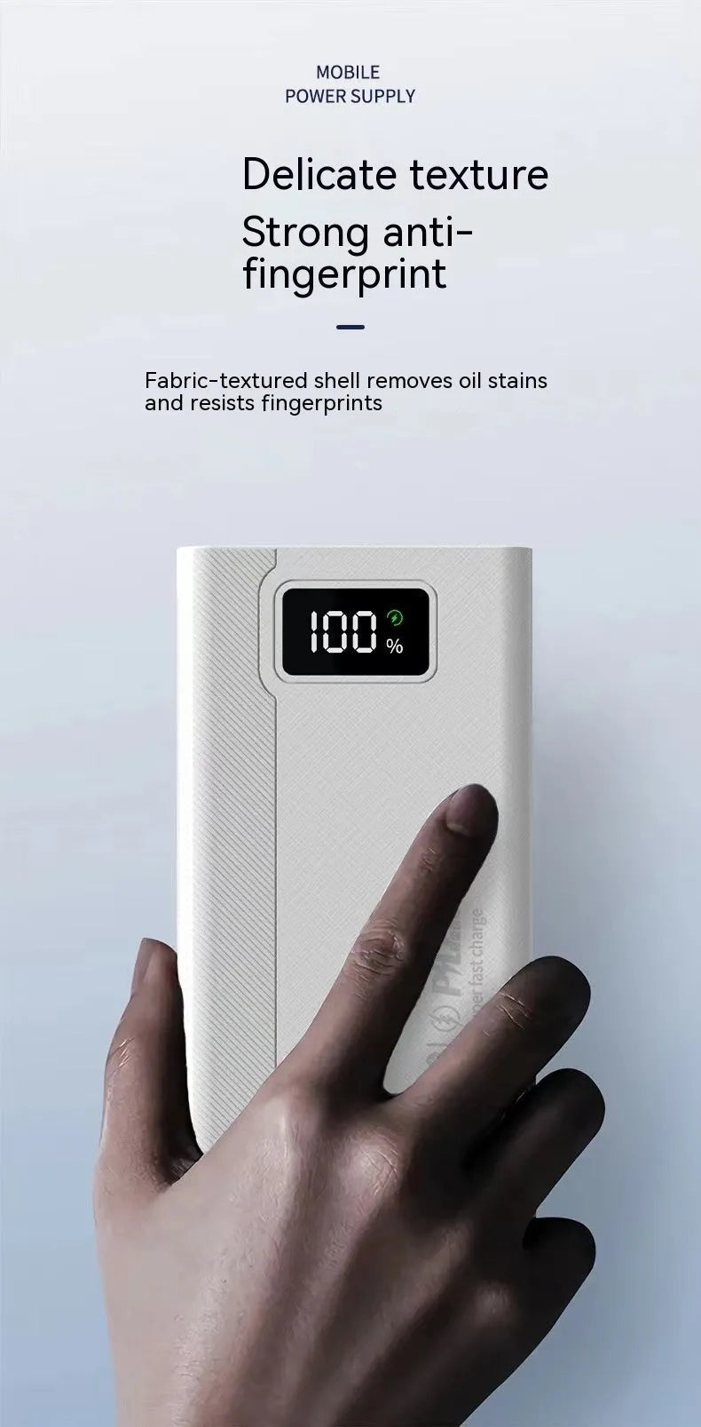 Black and white high capacity power bank showing front view with dimensions