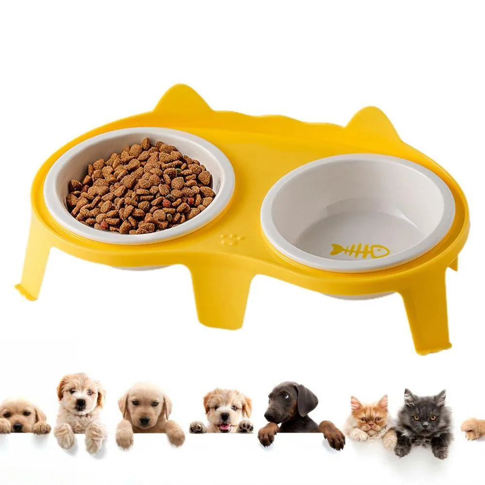 Ceramic cat food and water bowl set on elevated stand with storage hook in blue colour