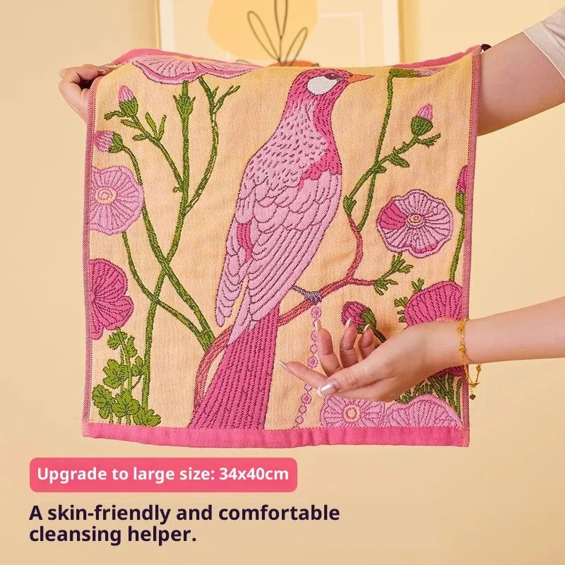 Class A pure cotton gauze square towel 40x34cm in printed Pink Phoenix, Peony, Smoke Bird, and White Pigeon designs