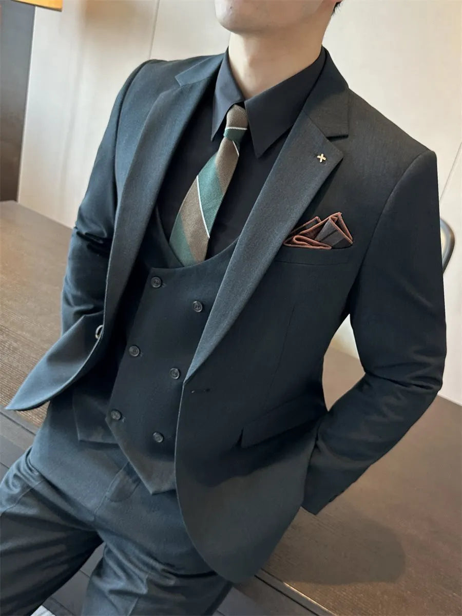 Men's dark green slim-fit formal blazer on a hanger