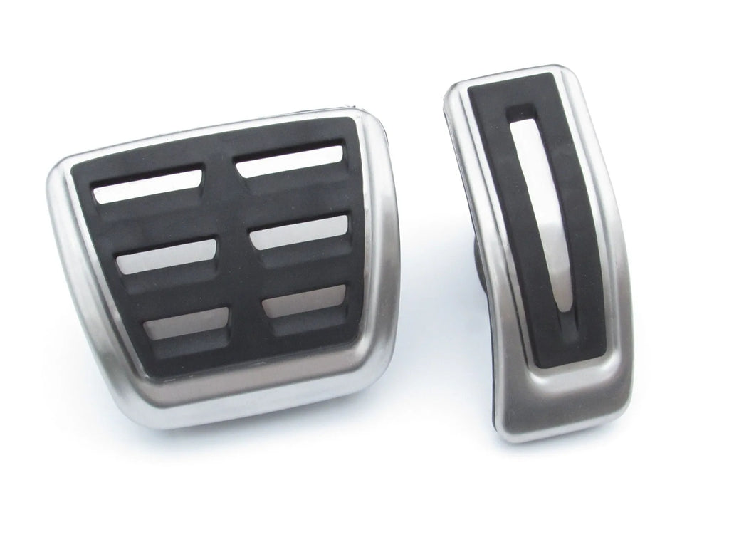 Stainless steel anti-slip pedal covers for Porsche Macan in black, showing 38cm length.