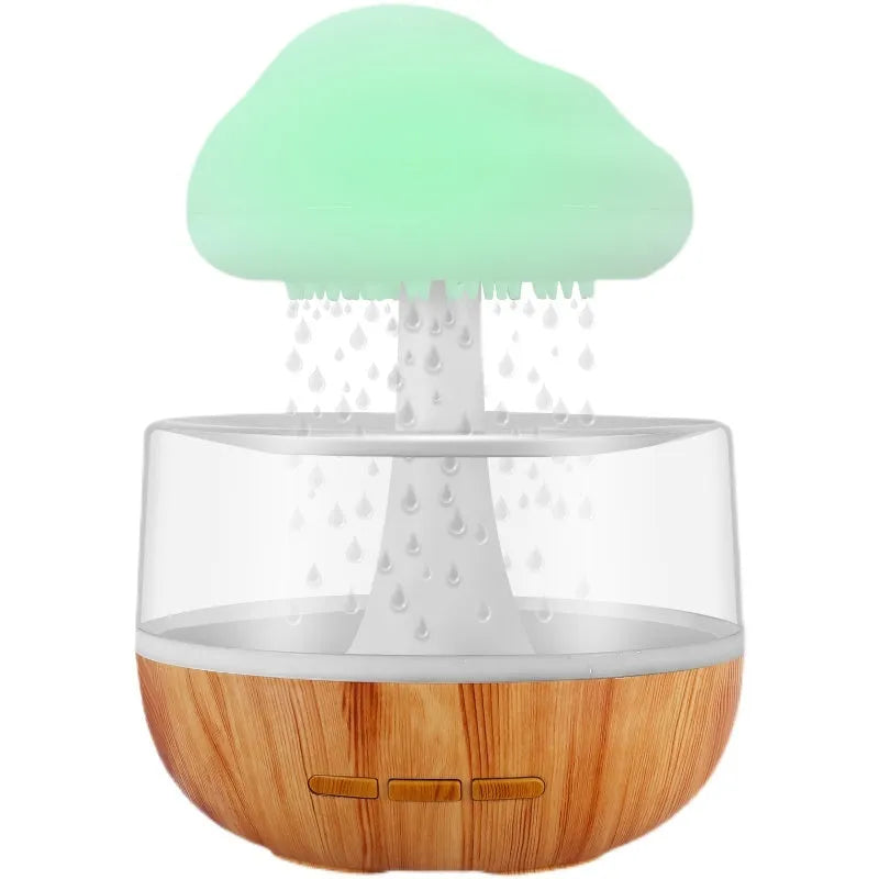 White raining cloud shaped humidifier with coloured LED light and USB cable.