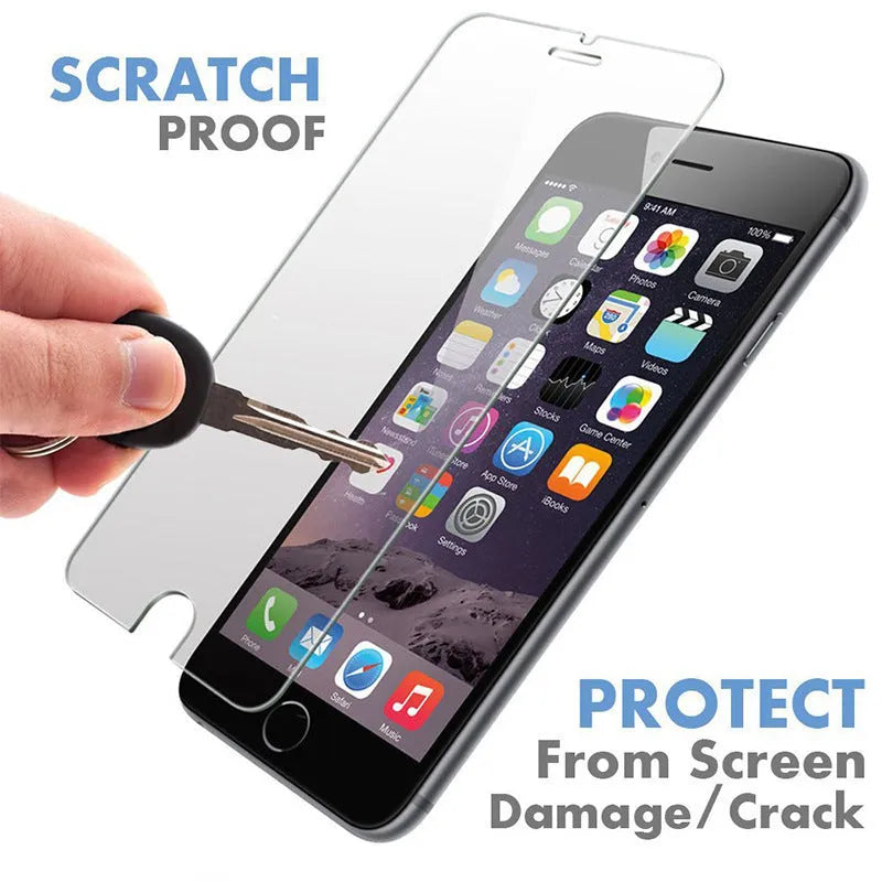 Transparent tempered glass screen protector for iPhone on a white background.