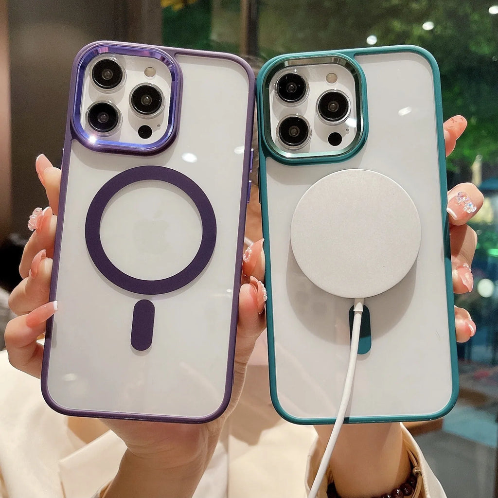 Lens transparent magnetic phone case for iPhone showing hard shell in purple colour