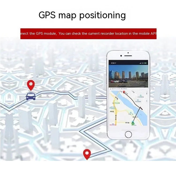 Black car dash camera with 5 inch screen showing GPS map and road recording display.