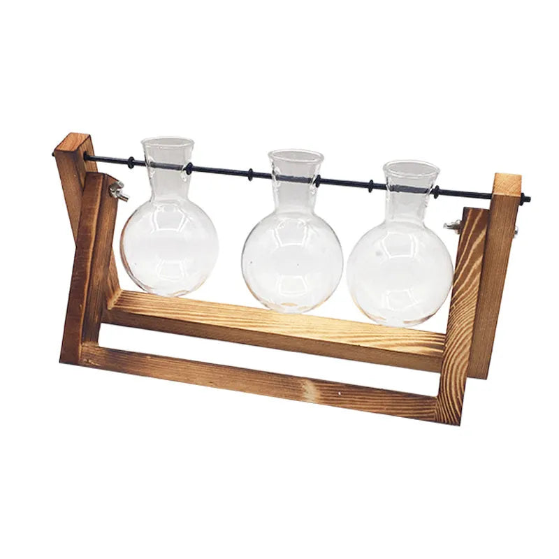 Hydroponic borosilicate glass vase in a wooden swing stand with iron frame, geometric pastoral design for indoor plant display
