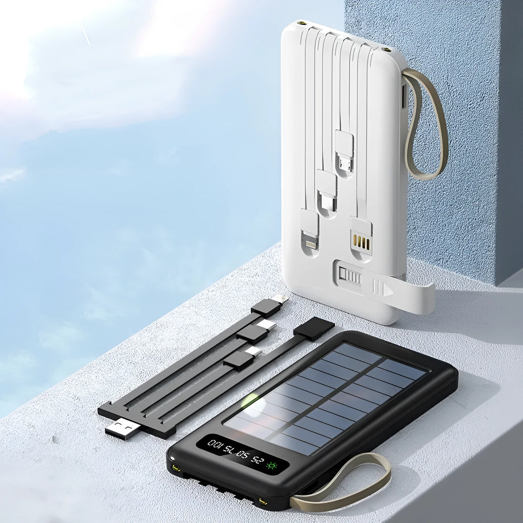 Solar power bank in black or white with solar panel, showing compact size of 144x68x16mm