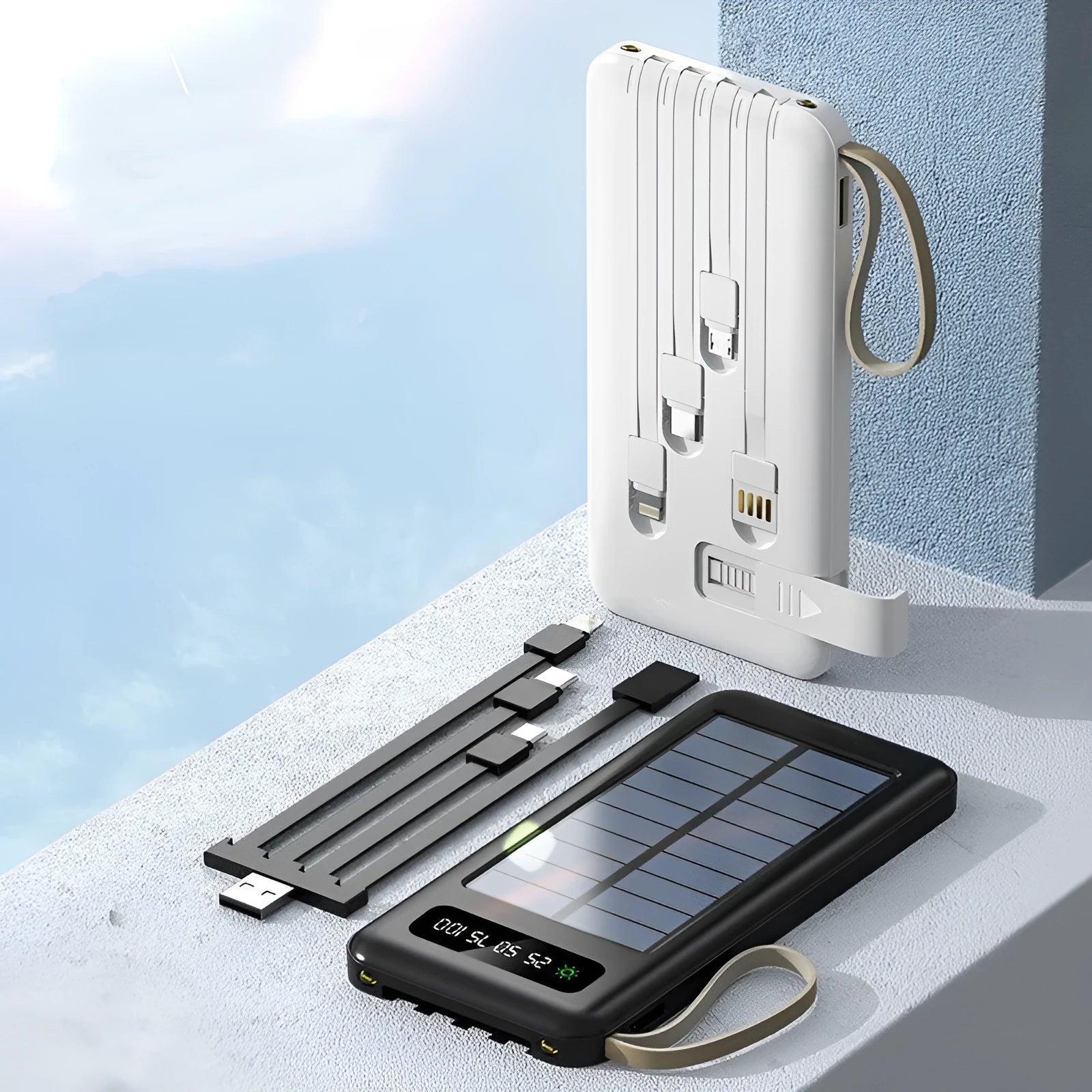 Solar power bank in black or white with solar panel, showing compact size of 144x68x16mm