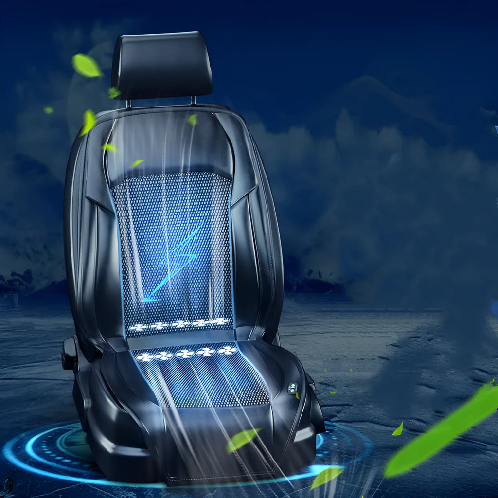 Car seat ventilation cushion with integrated cooling fans in black colour