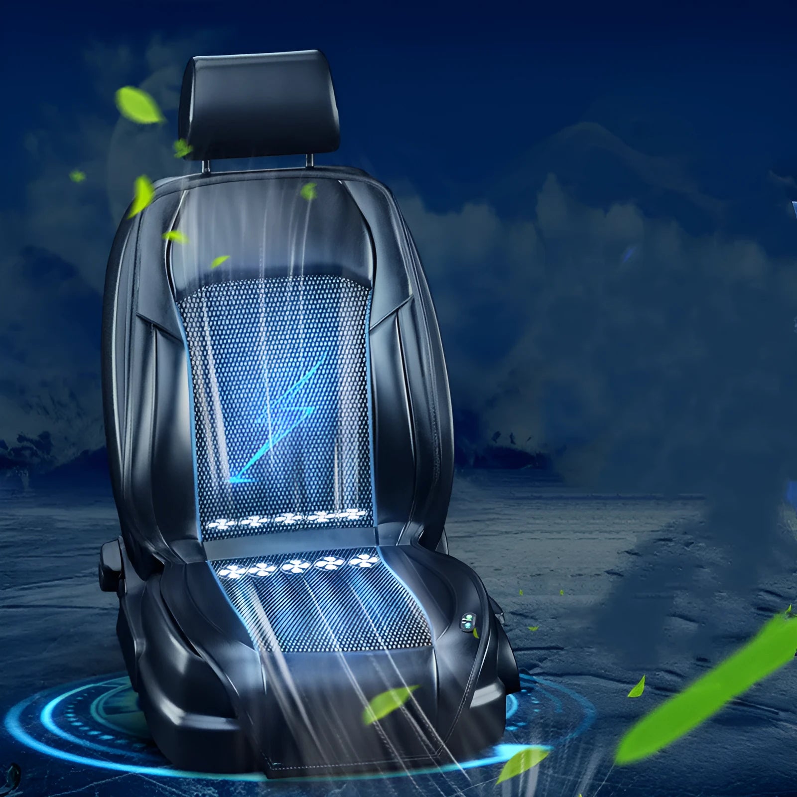 Car seat ventilation cushion with integrated cooling fans in black colour