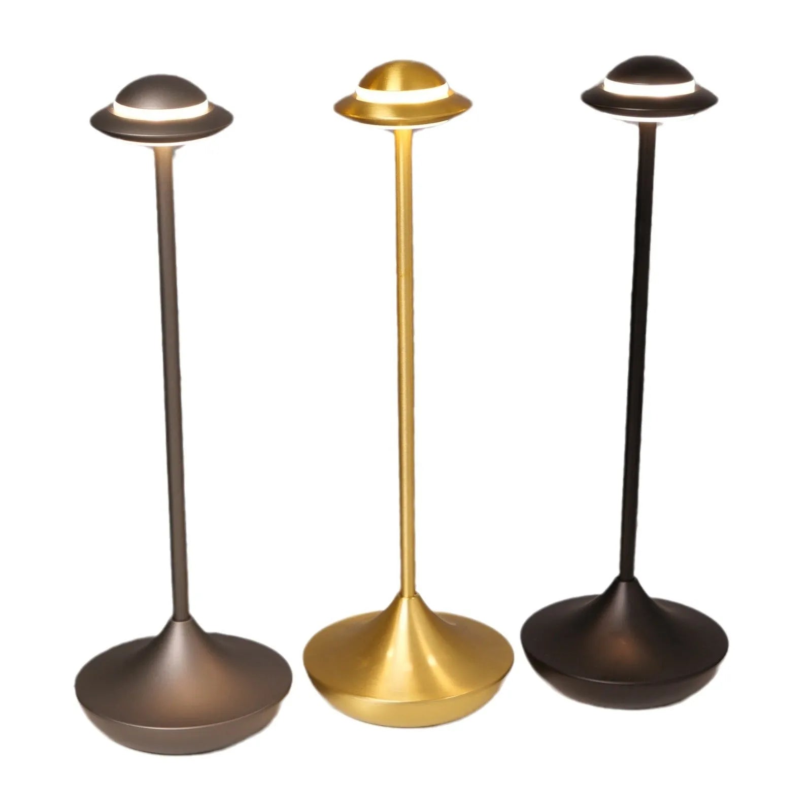 Black UFO-shaped metal desk lamp with touch dimming and three colour light modes