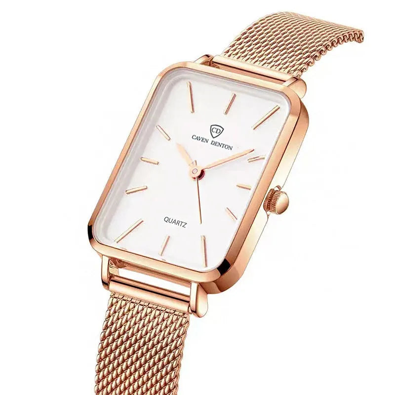 Women's rose gold waterproof watch with a woven steel strap and quartz movement.