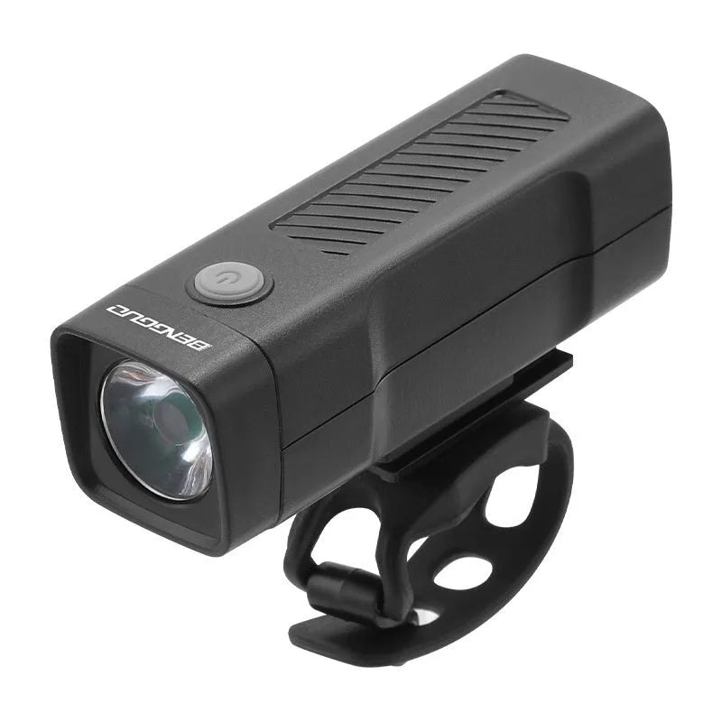 A black USB rechargeable bicycle headlight with a quick-release strap mount on a handlebar.