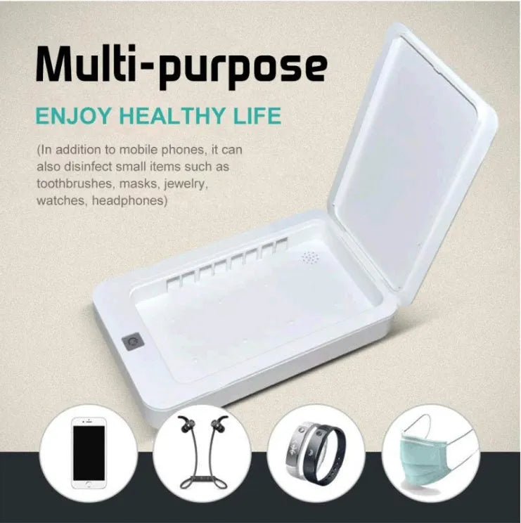 Blue portable UV phone steriliser unit with closed lid, shown next to a mobile phone for size comparison.