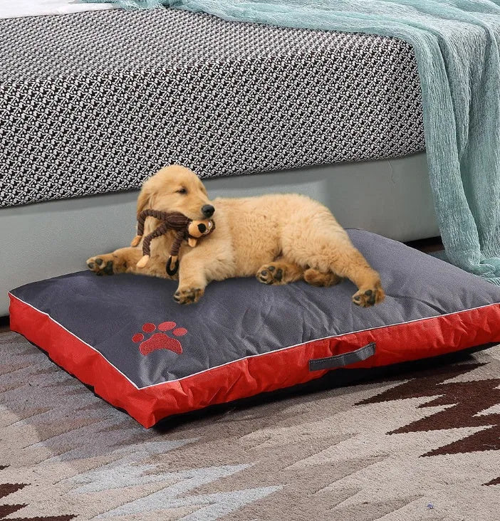 Waterproof Oxford cloth pet nest bed with removable washable cover, non-slip bottom, in red, blue or black.