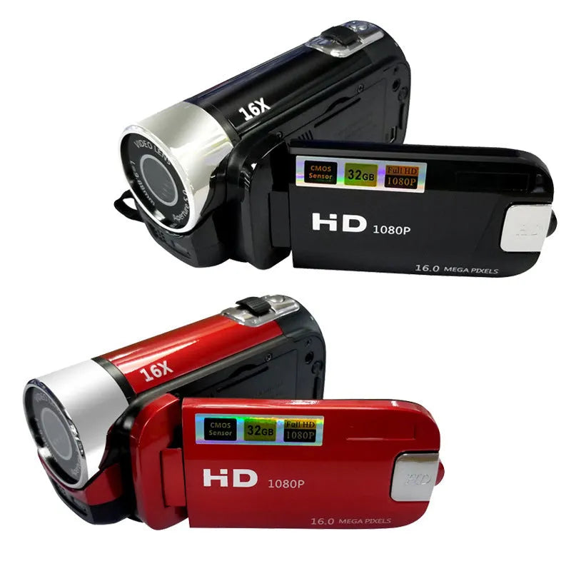 16MP HD digital camera with 2.7-inch screen, 16x zoom, shown in black, white or red, compact 13x7x11cm body