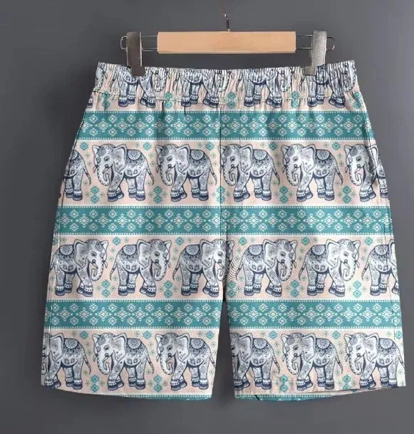 Men's patterned casual shorts in polyester fabric, showing examples of stripe, plaid, and camouflage designs.