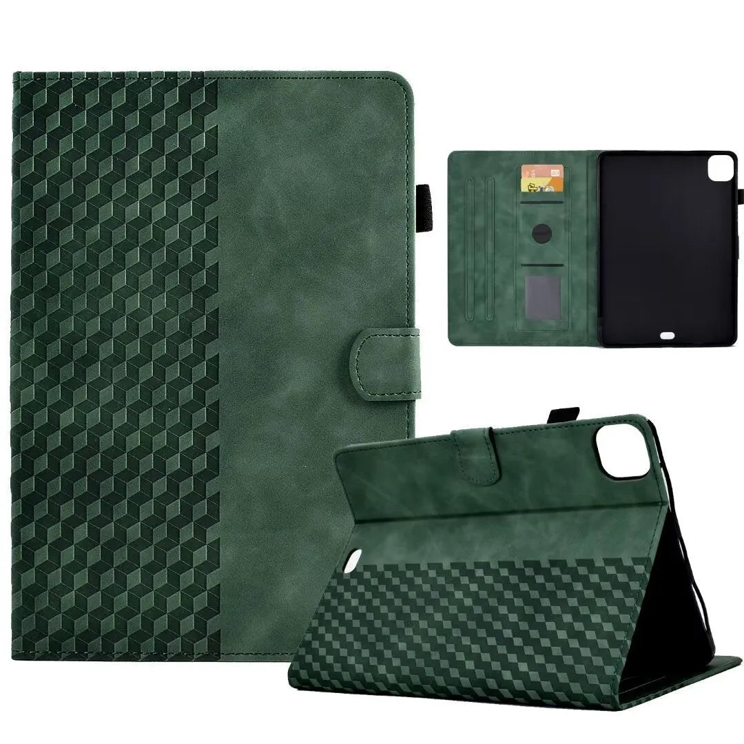 Leather iPad case with card holder showing diamond pattern in black colour