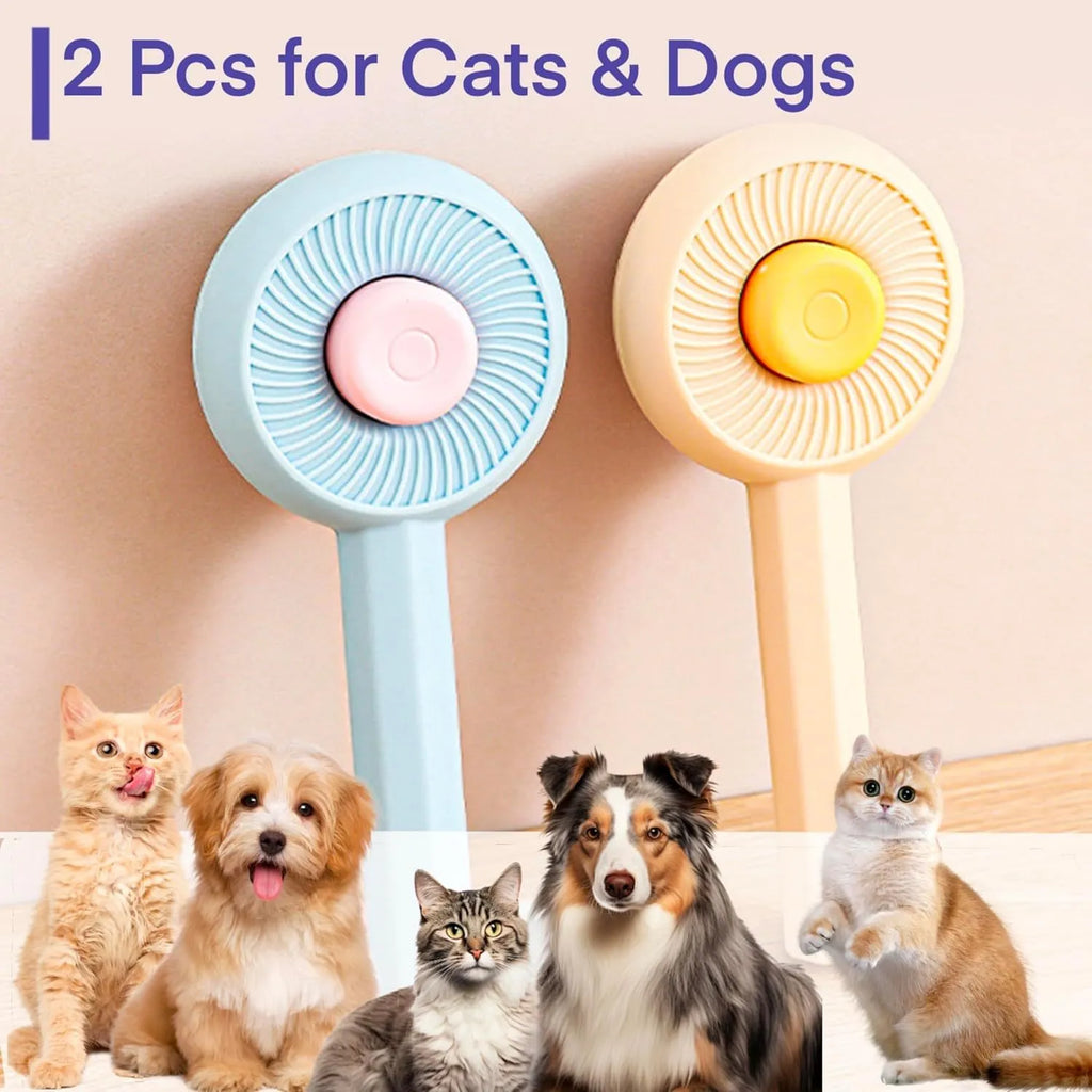 Blue and yellow pet deshedding brush with metal pins and a self-cleaning button on the handle.