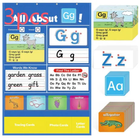Alphabet learning sleeve table chart with educational cards displayed on 60x40cm surface