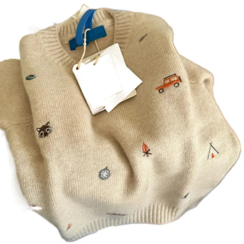 Children's Sweater Cartoon Embroidery Pullover in Khaki, Vinylon Fabric for Neutral Boys and Girls, Long Sleeve Winter Top for Heights 80 to 130 cm, Available in Sizes 80-130 with Traditional Christmas or Animal Motif Design