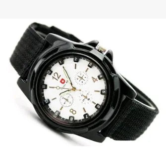 Cloth belt weaving military watch with quartz movement 40.5mm round dial and textile strap on display