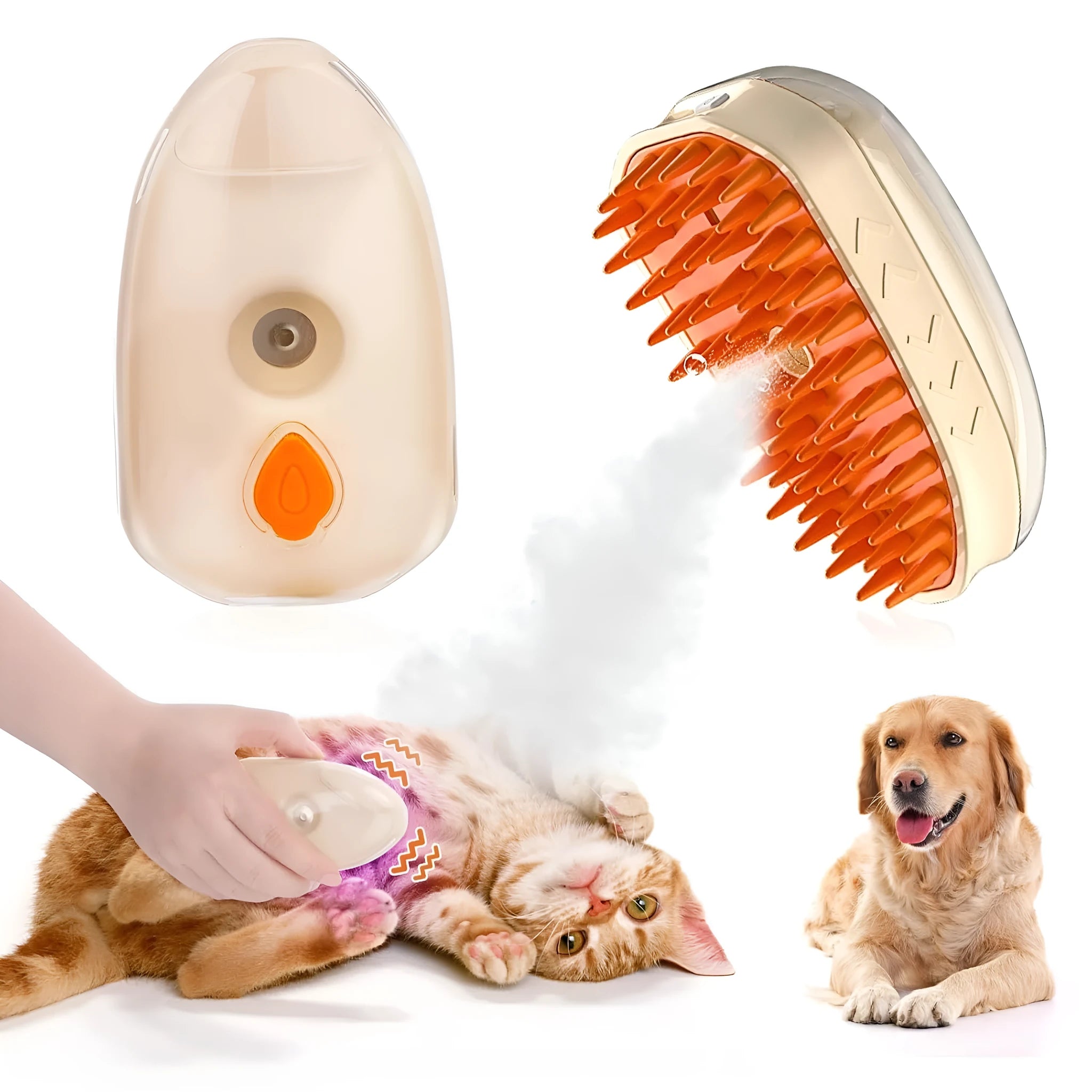 Yellow 4-in-1 cat steam brush with water spray, vibration massage and ringworm detector for pet grooming