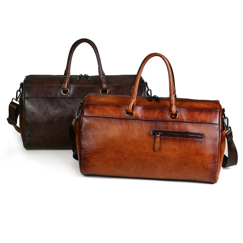 Handmade European retro leather bag in vintage brown with first layer cowhide construction and below 20L capacity