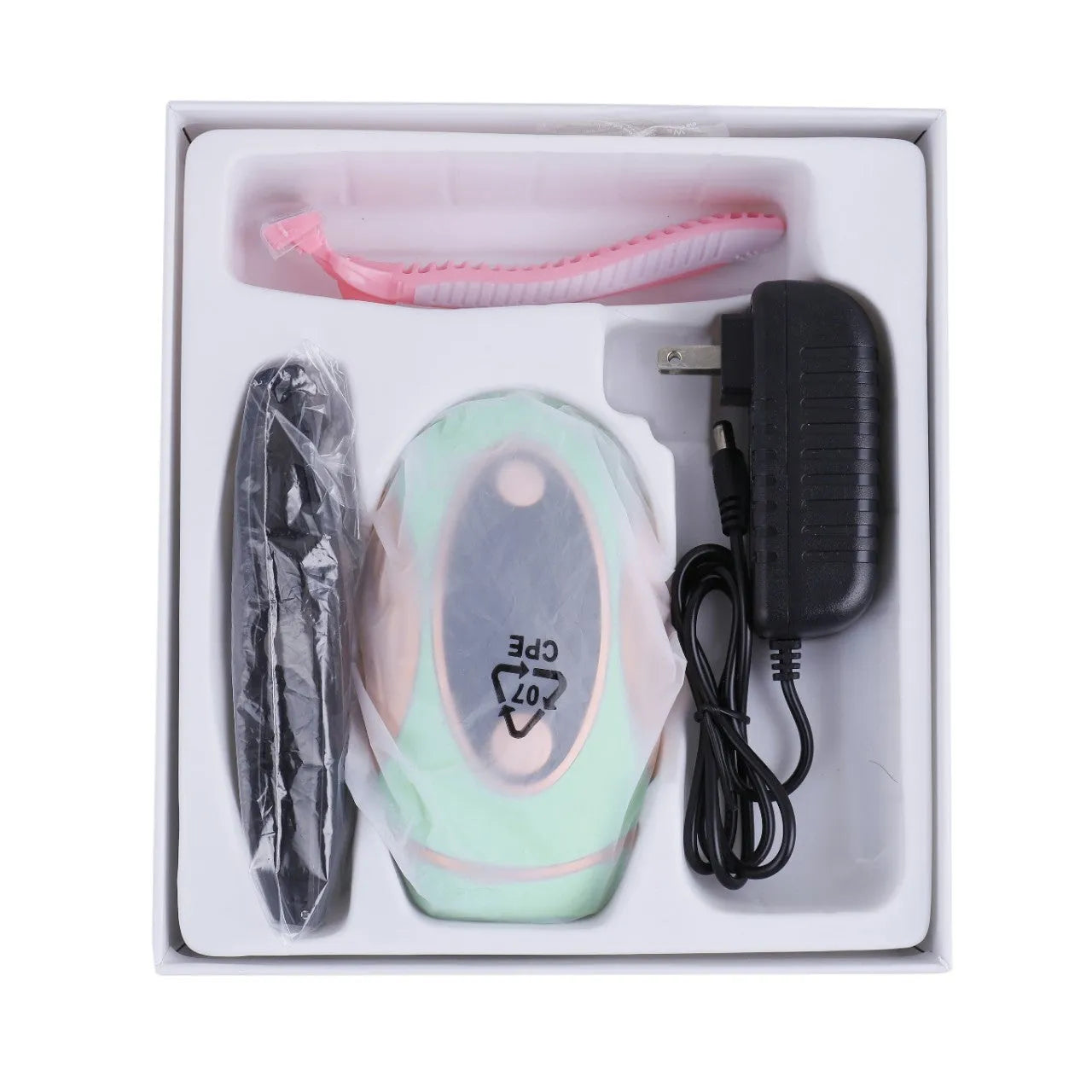 Black ABS IPL laser hair removal machine with 350,000 flashes for full body use, compact 14x7.5x4.5 cm
