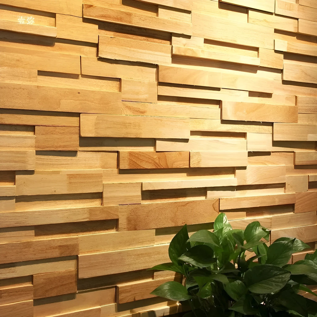 Retro 3D solid wood mosaic patch wall panel in natural wood finish showing stereo background texture