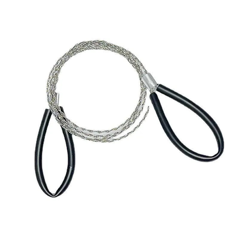 German stainless steel survival wire saw coiled inside a black leather hand case.